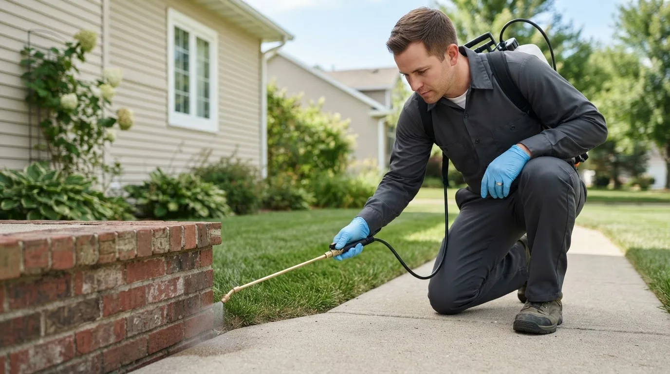 Pest control technician treating a home near Wakarusa, KS